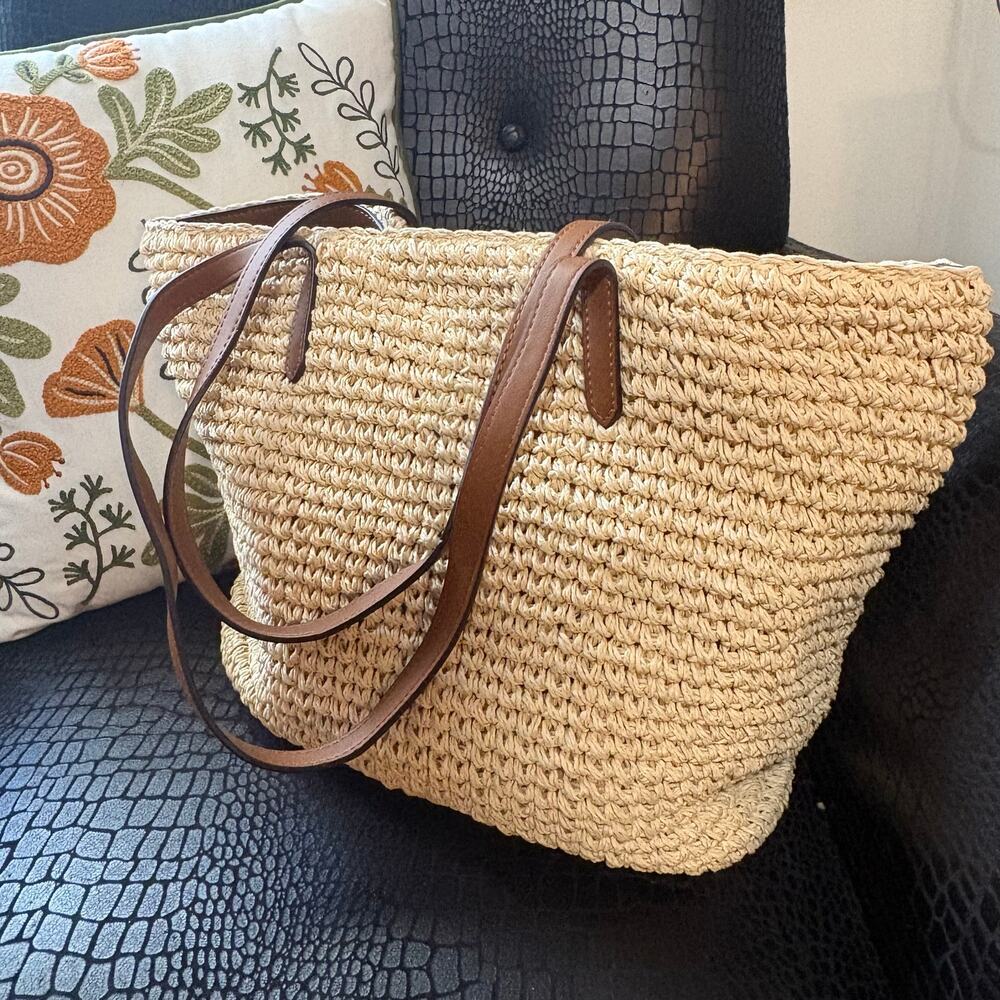 Lauren Ralph Lauren Whitney Medium Crochet Straw Tote Bag Tan Leather Tassel - Picture 3 of 16